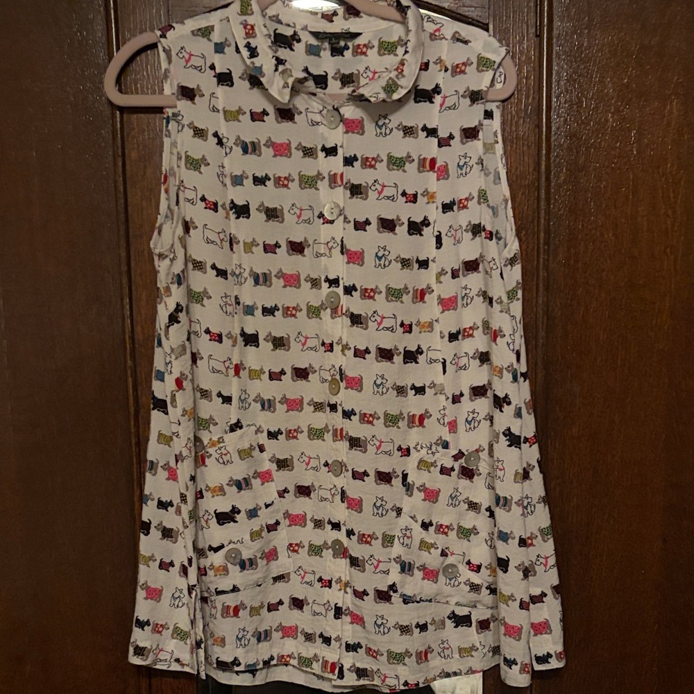 John Mark Ivory Button-Up Top with Multi-Colored Dog Motif